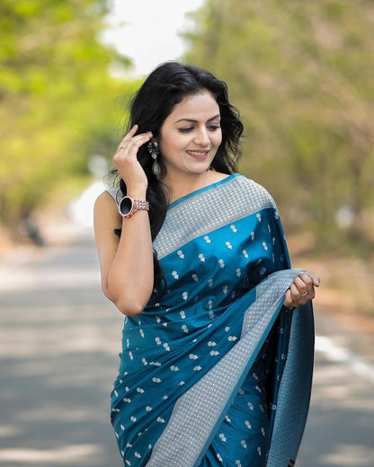 Elegant Satin Silk Saree with Geometric Pallu & Butta Print