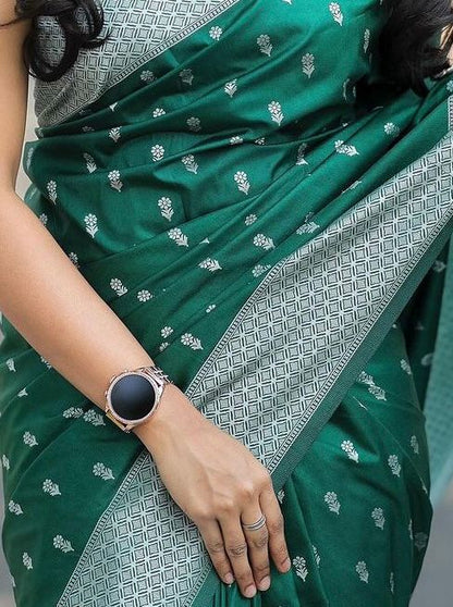 Elegant Satin Silk Saree with Geometric Pallu & Butta Print