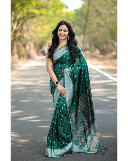 Elegant Satin Silk Saree with Geometric Pallu & Butta Print