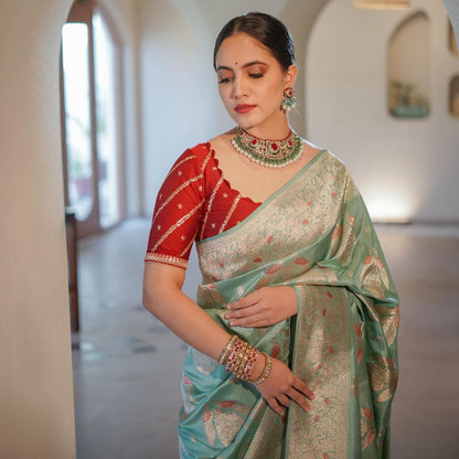 Mint Green Banarasi Silk Saree with Red Contrast Blouse and Gold Zari Weaving