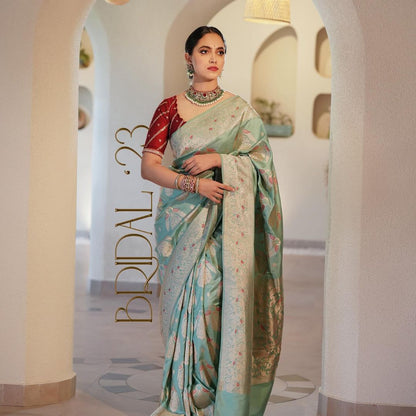Mint Green Banarasi Silk Saree with Red Contrast Blouse and Gold Zari Weaving