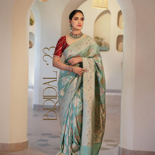 Mint Green Banarasi Silk Saree with Red Contrast Blouse and Gold Zari Weaving