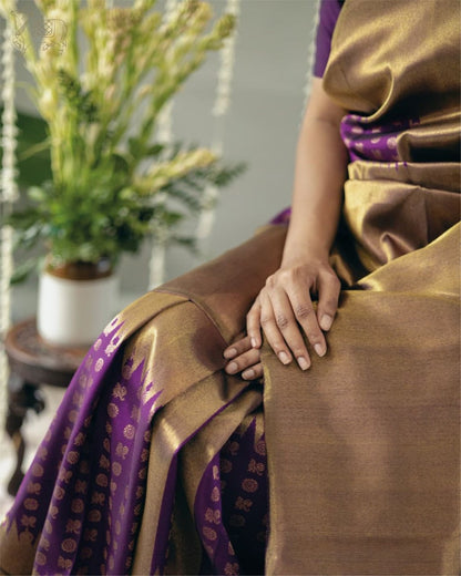 Golden Kanchipuram Silk Saree with Purple Zari Border & Small Butta Weave