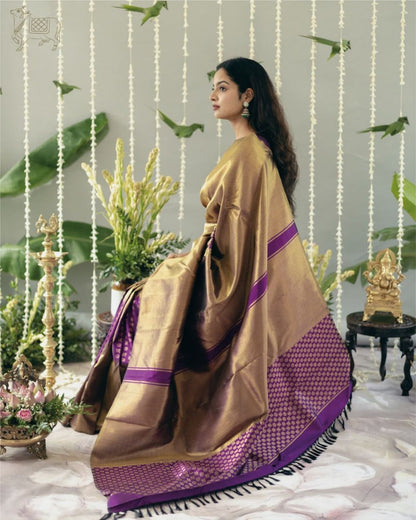Golden Kanchipuram Silk Saree with Purple Zari Border & Small Butta Weave