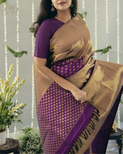 Golden Kanchipuram Silk Saree with Purple Zari Border & Small Butta Weave