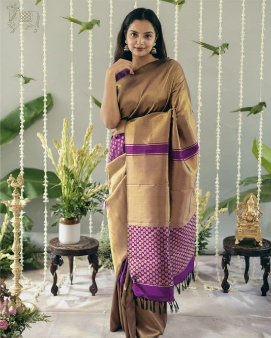 Golden Kanchipuram Silk Saree with Purple Zari Border & Small Butta Weave