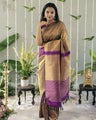 Golden Kanchipuram Silk Saree with Purple Zari Border & Small Butta Weave