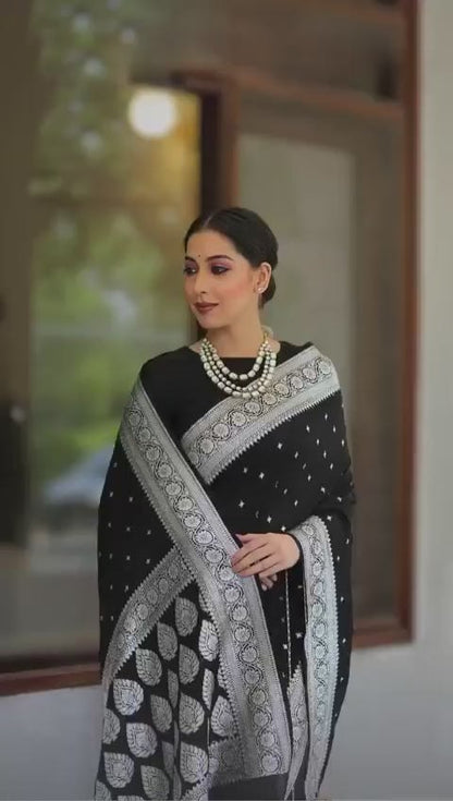 Black Banarasi Silk Saree with Silver Zari Weaving and Contrast Border