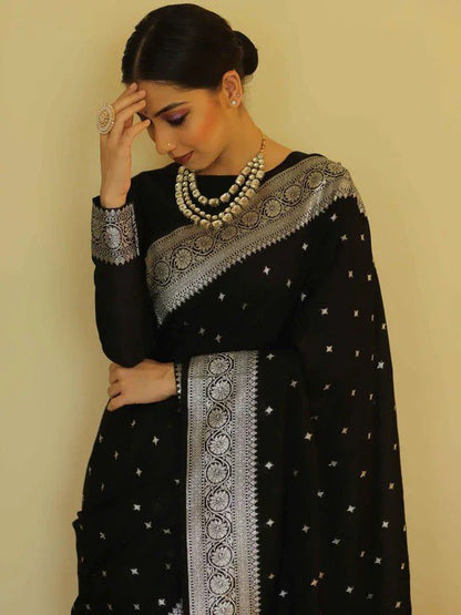Black Banarasi Silk Saree with Silver Zari Weaving and Contrast Border