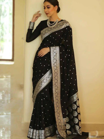 Black Banarasi Silk Saree with Silver Zari Weaving and Contrast Border