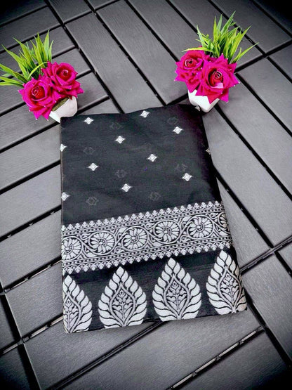 Black Banarasi Silk Saree with Silver Zari Weaving and Contrast Border