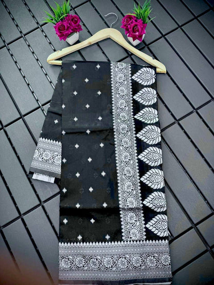 Black Banarasi Silk Saree with Silver Zari Weaving and Contrast Border