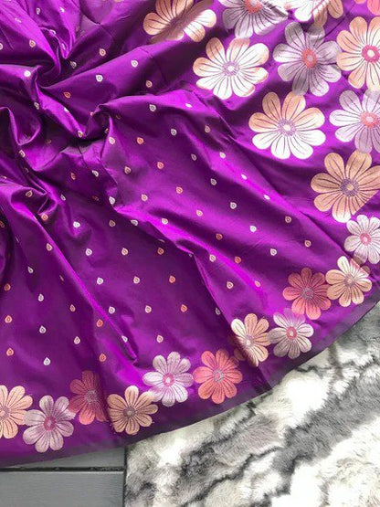 Elegant Satin Silk Saree with Floral Weaving Border & Butta Detailing