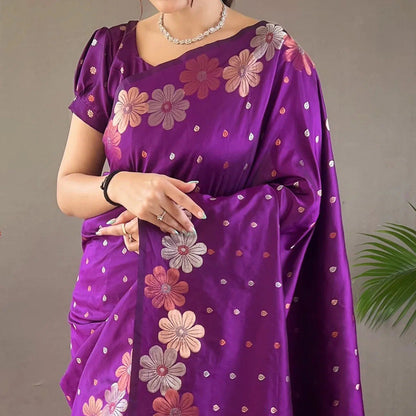 Elegant Satin Silk Saree with Floral Weaving Border & Butta Detailing