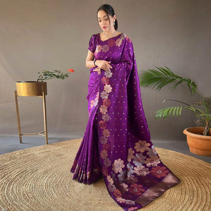 Elegant Satin Silk Saree with Floral Weaving Border & Butta Detailing