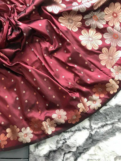 Elegant Satin Silk Saree with Floral Weaving Border & Butta Detailing
