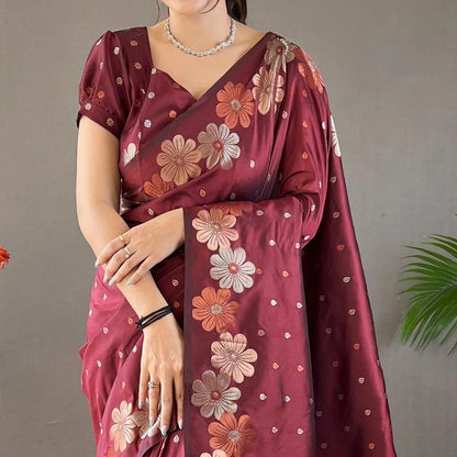 Elegant Satin Silk Saree with Floral Weaving Border & Butta Detailing