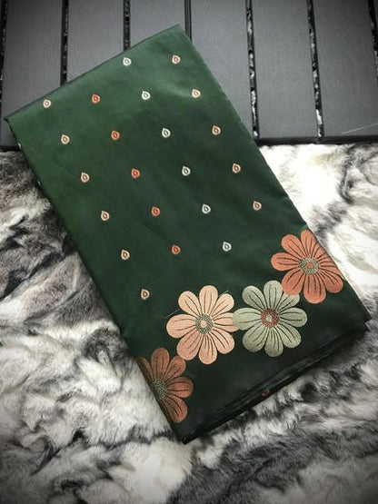 Elegant Satin Silk Saree with Floral Weaving Border & Butta Detailing