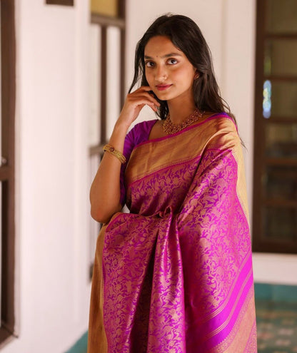 Magenta Banarasi Silk Saree with Gold Zari Weaving and Contrast Border
