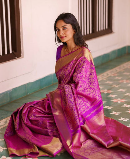 Magenta Banarasi Silk Saree with Gold Zari Weaving and Contrast Border