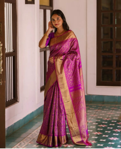 Magenta Banarasi Silk Saree with Gold Zari Weaving and Contrast Border
