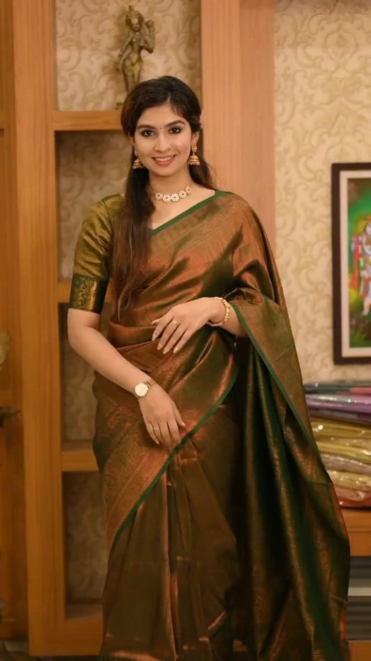 Olive Green Kanchipuram Silk Saree with Zari Woven Border & Traditional Motifs
