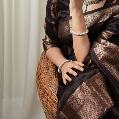 Elegant Chocolate Brown Banarasi Silk Saree with Copper Zari Floral Butta and Heritage Border