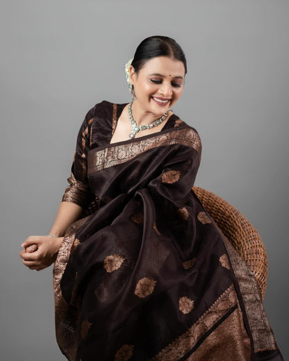 Elegant Chocolate Brown Banarasi Silk Saree with Copper Zari Floral Butta and Heritage Border