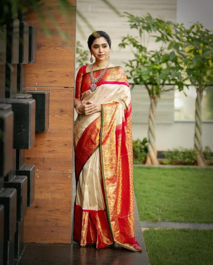 Royal Cream & Red Banarasi Silk Saree with Golden Zari Weaving