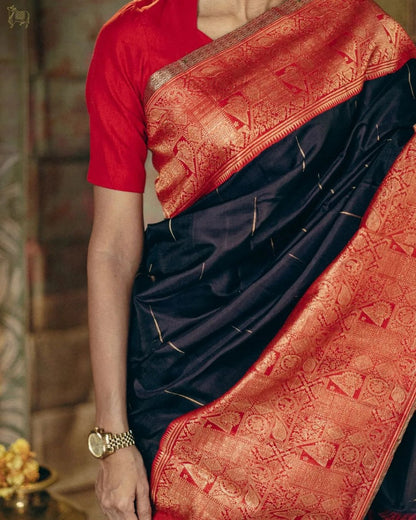 Majestic Black & Red Banarasi Silk Saree with Regal Zari Weave