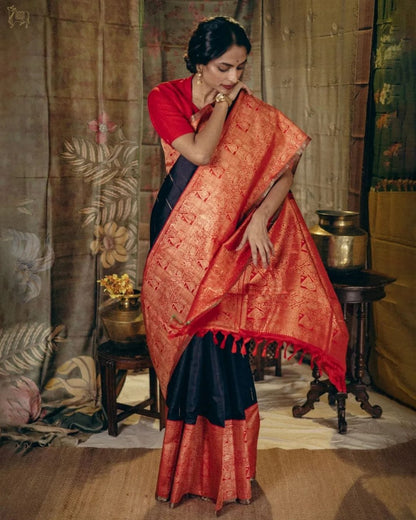 Majestic Black & Red Banarasi Silk Saree with Regal Zari Weave
