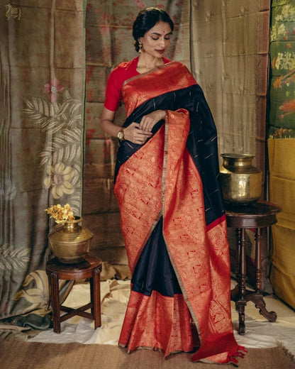 Majestic Black & Red Banarasi Silk Saree with Regal Zari Weave