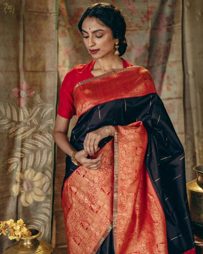 Majestic Black & Red Banarasi Silk Saree with Regal Zari Weave