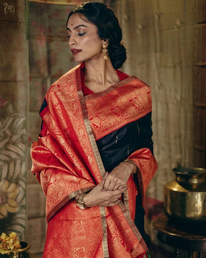 Majestic Black & Red Banarasi Silk Saree with Regal Zari Weave
