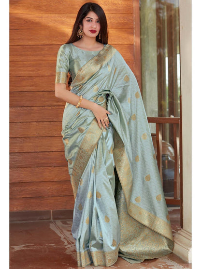 Aqua Green Banarasi Silk Saree with Golden Zari Weaving