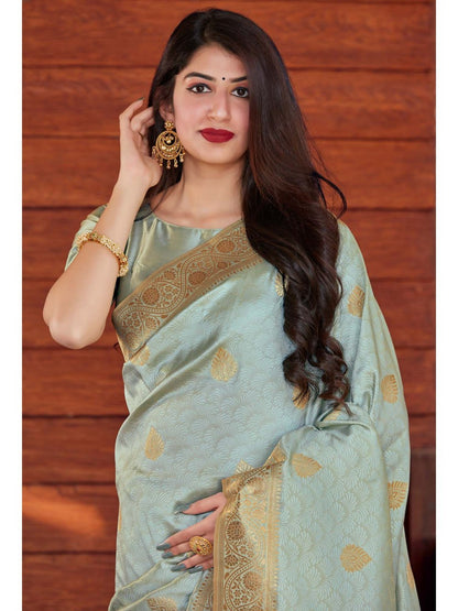 Aqua Green Banarasi Silk Saree with Golden Zari Weaving