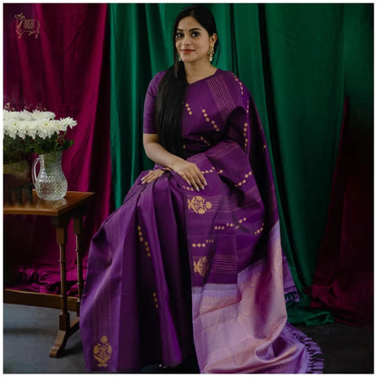 Regal Purple Handloom Saree with Soft Lavender Pallu & Golden Zari Motifs