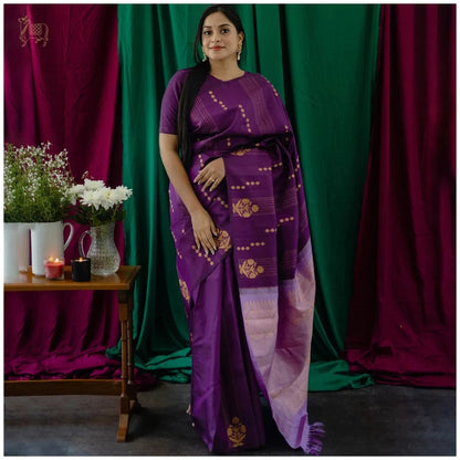 Regal Purple Handloom Saree with Soft Lavender Pallu & Golden Zari Motifs