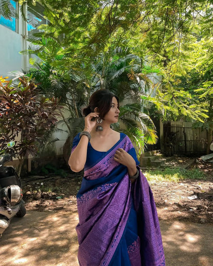 Royal Blue Banarasi Silk Saree with Majestic Purple Zari Border