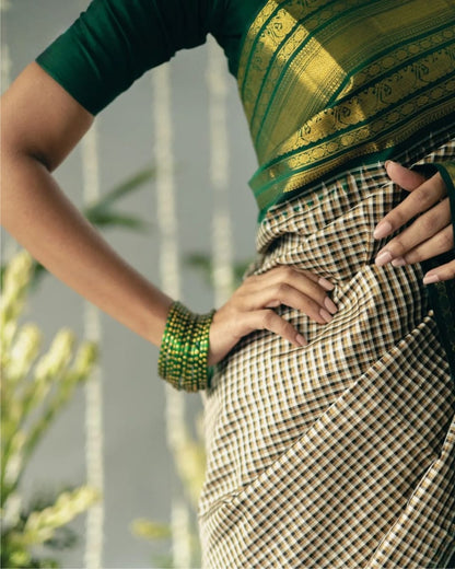 Elegant Green & Beige Checkered Silk Saree with Golden Zari Border