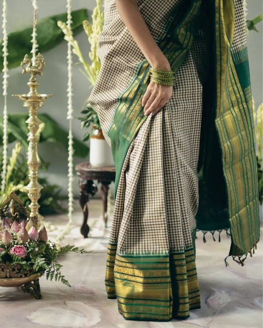Elegant Green & Beige Checkered Silk Saree with Golden Zari Border