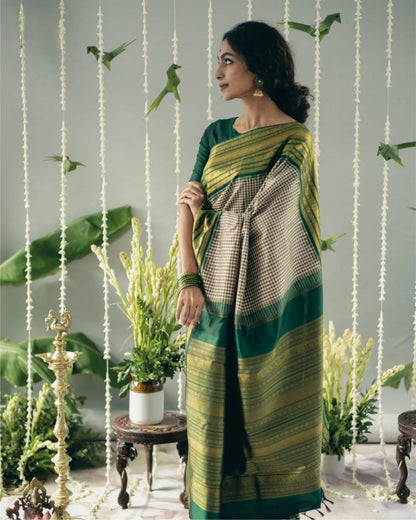 Elegant Green & Beige Checkered Silk Saree with Golden Zari Border