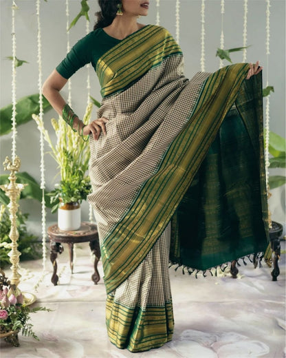 Elegant Green & Beige Checkered Silk Saree with Golden Zari Border