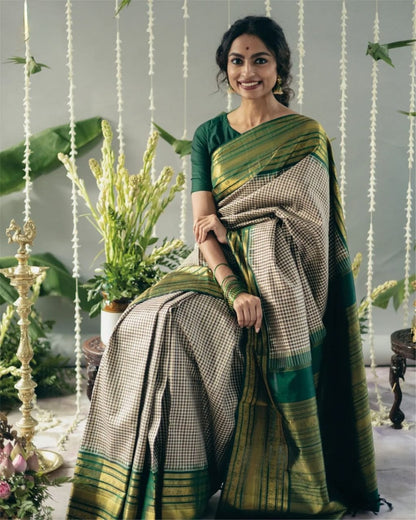 Elegant Green & Beige Checkered Silk Saree with Golden Zari Border