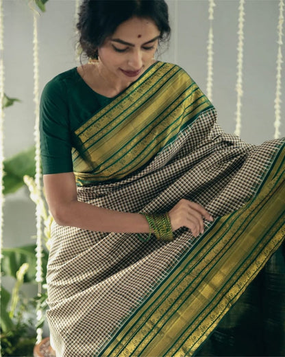 Elegant Green & Beige Checkered Silk Saree with Golden Zari Border