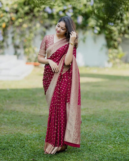Royal Maroon Banarasi Silk Saree with Golden Zari Border & Butta Work – Wedding & Festive Wear