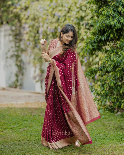 Royal Maroon Banarasi Silk Saree with Golden Zari Border & Butta Work – Wedding & Festive Wear
