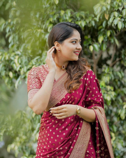 Royal Maroon Banarasi Silk Saree with Golden Zari Border & Butta Work – Wedding & Festive Wear