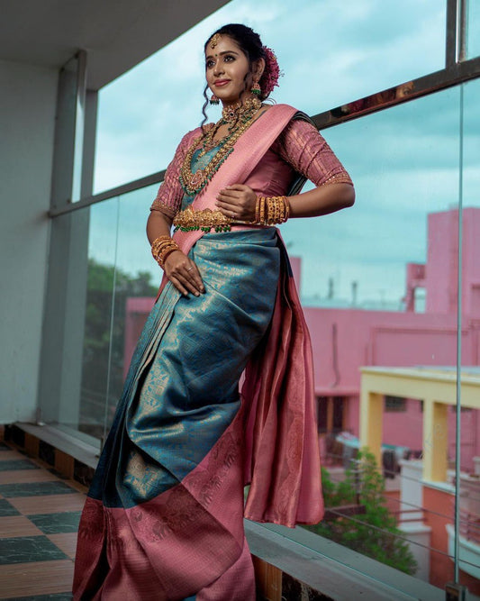 Elegant Teal and Pink Kanjivaram Silk Saree with Rich Zari Border
