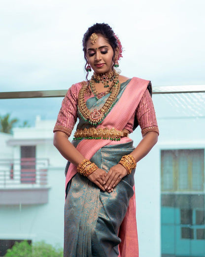 Elegant Teal and Pink Kanjivaram Silk Saree with Rich Zari Border